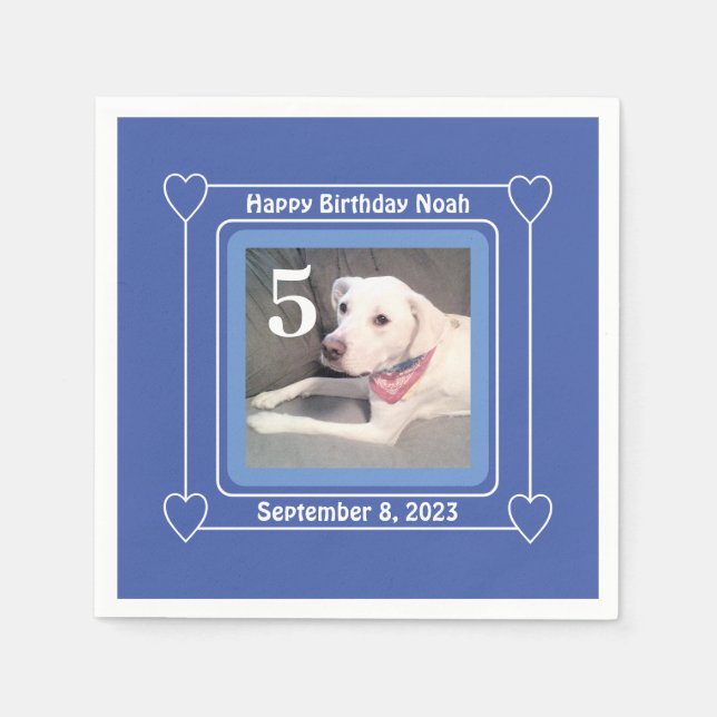 Cute Puppy Dog Photo Birthday Number 5 Blue Napkin (Front)