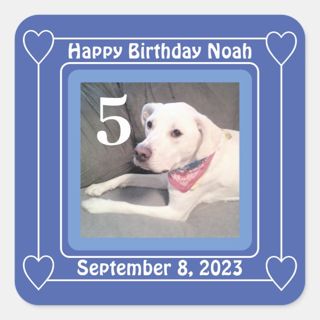 Cute Puppy Dog Photo Birthday Number 5 Blue Square Square Sticker (Front)