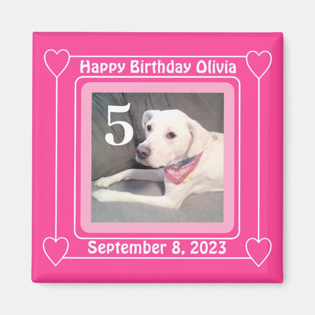 Cute Puppy Dog Photo Birthday Number 5 Pink Magnet (Front)