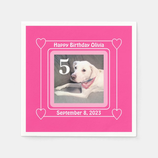 Cute Puppy Dog Photo Birthday Number 5 Pink Napkin (Front)