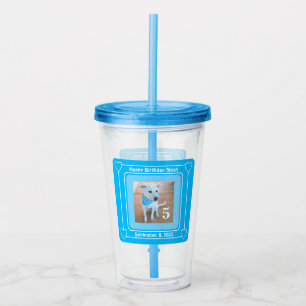 Cute Puppy Dog Photo Happy Birthday Number 5 Blue Acrylic Tumbler