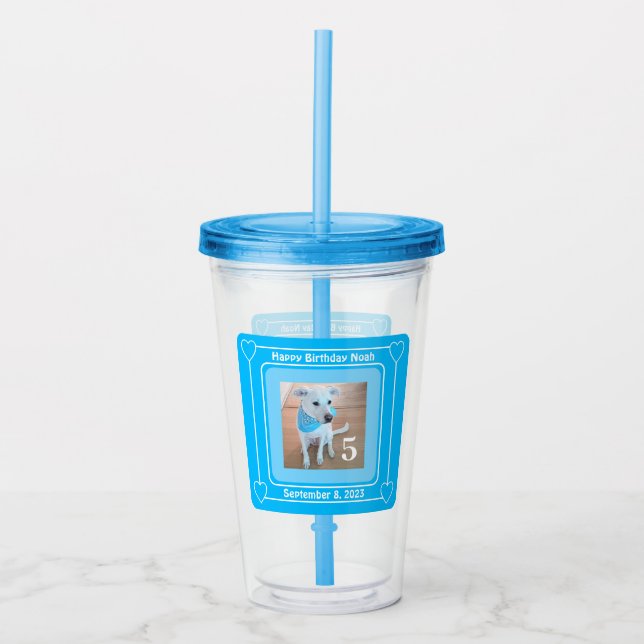 Cute Puppy Dog Photo Happy Birthday Number 5 Blue Acrylic Tumbler (Front)