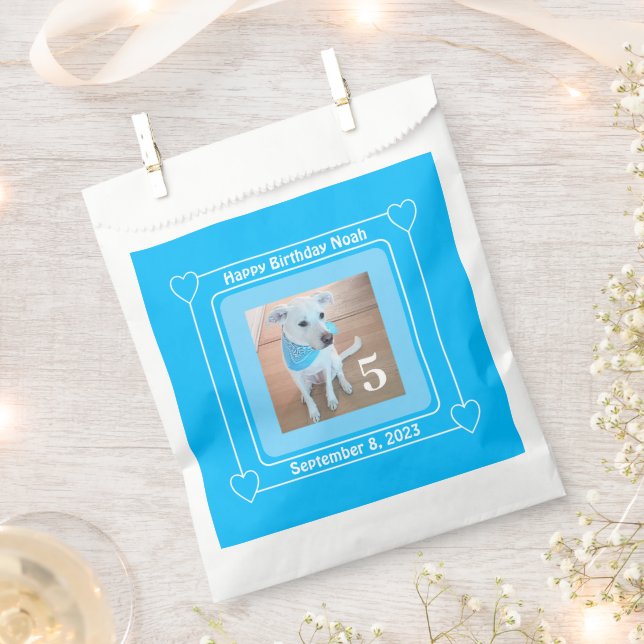 Cute Puppy Dog Photo Happy Birthday Number 5 Blue Favour Bags (Clipped)