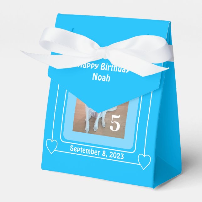 Cute Puppy Dog Photo Happy Birthday Number 5 Blue Favour Box (Front Side)