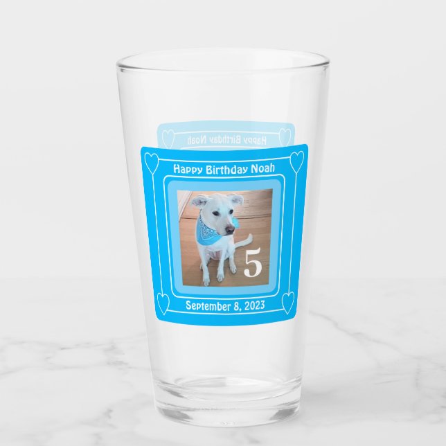 Cute Puppy Dog Photo Happy Birthday Number 5 Blue Glass (Front)