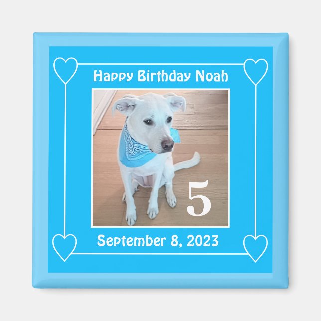 Cute Puppy Dog Photo Happy Birthday Number 5 Blue Magnet (Front)
