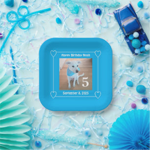 Cute Puppy Dog Photo Happy Birthday Number 5 Blue Paper Plate