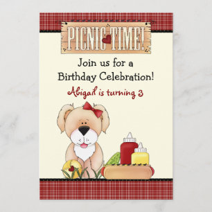 Cute Puppy Dog Picnic Birthday Invitation ~ Girls