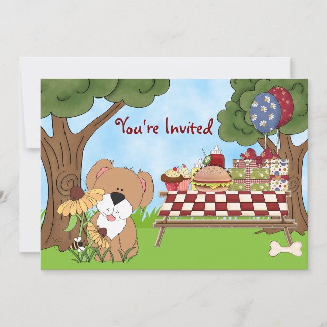 Cute Puppy Dog Picnic Birthday Invitation ~ Girls (Front)