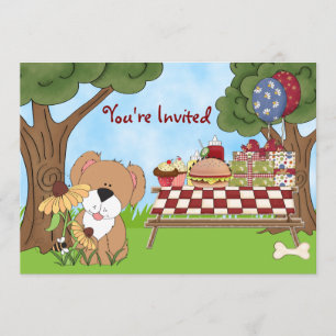 Cute Puppy Dog Picnic Birthday Invitation ~ Girls