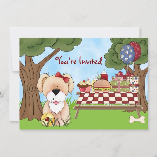 Cute Puppy Dog Picnic Birthday Invitation ~ Girls (Front)