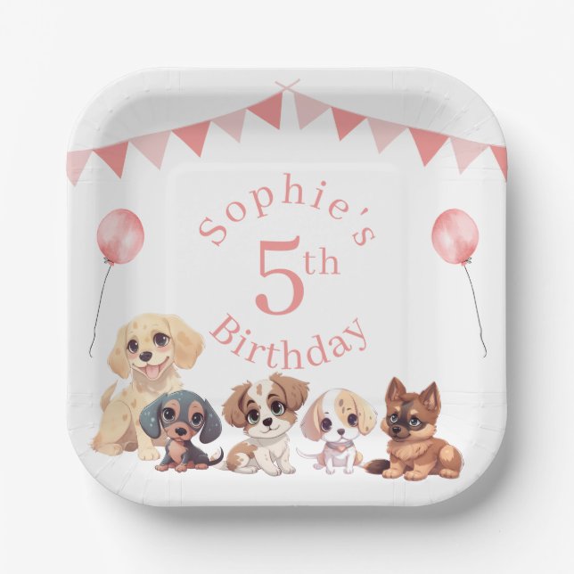 Cute Puppy Dog Pink Girl Birthday  Paper Plate (Front)