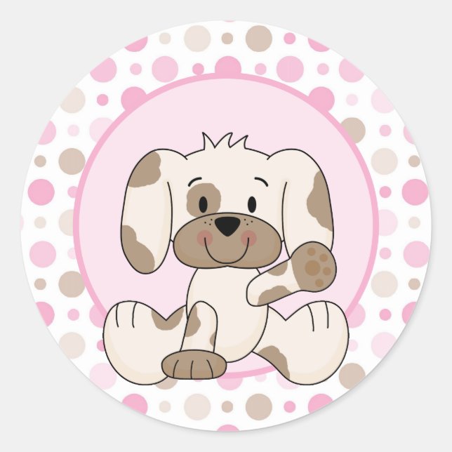 Cute Puppy Dog Pink Polka Dot Baby Shower Classic Round Sticker (Front)