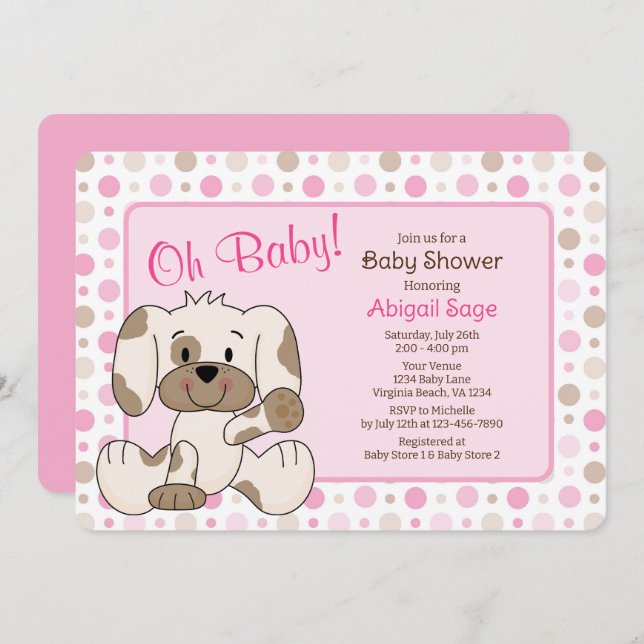 Cute Puppy Dog Pink Polka Dot Baby Shower Invitation (Front/Back)