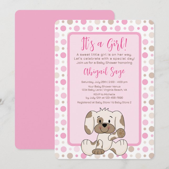 Cute Puppy Dog Pink Polka Dot Baby Shower Invitation (Front/Back)