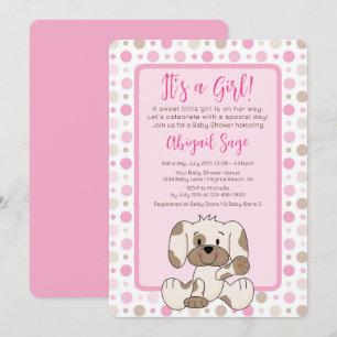 Cute Puppy Dog Pink Polka Dot Baby Shower Invitation