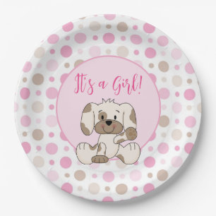 Cute Puppy Dog Pink Polka Dot Baby Shower Paper Plate