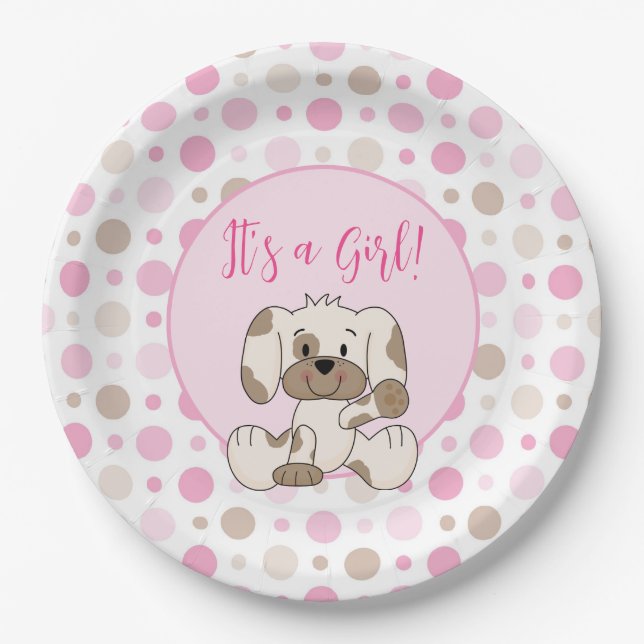 Cute Puppy Dog Pink Polka Dot Baby Shower Paper Plate (Front)