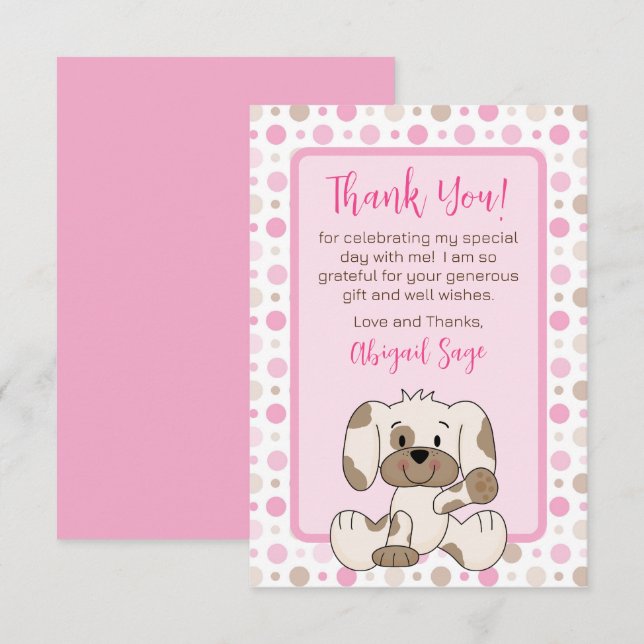 Cute Puppy Dog Pink Polka Dot Baby Shower Thank You Card (Front/Back)