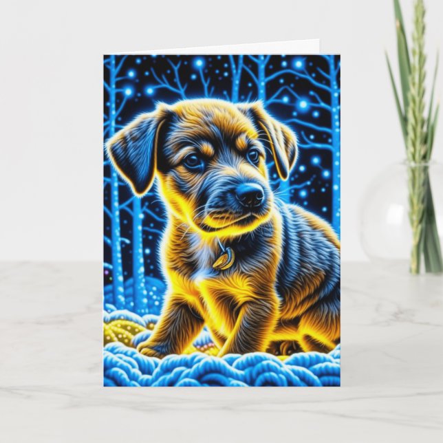 Cute Puppy Dog Playing in Snow Christmas Card (Front)
