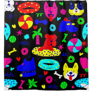 cute puppy dog pool party summer funny black shower curtain