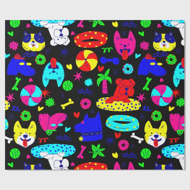 cute puppy dog pool party summer funny black wrapping paper (Flat)