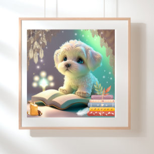 Cute Puppy Dog reading a book Nursery Art  Poster