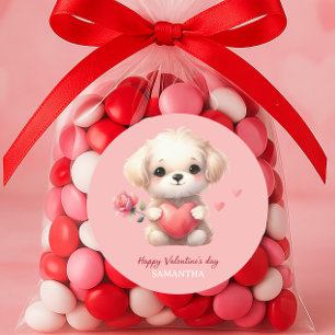 Cute Puppy Dog Red Heart PinkHappy Valentines Day Classic Round Sticker