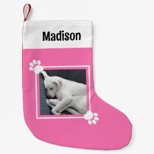 Cute Puppy Dog Single 1 Photo Custom Name Pink Small Christmas Stocking