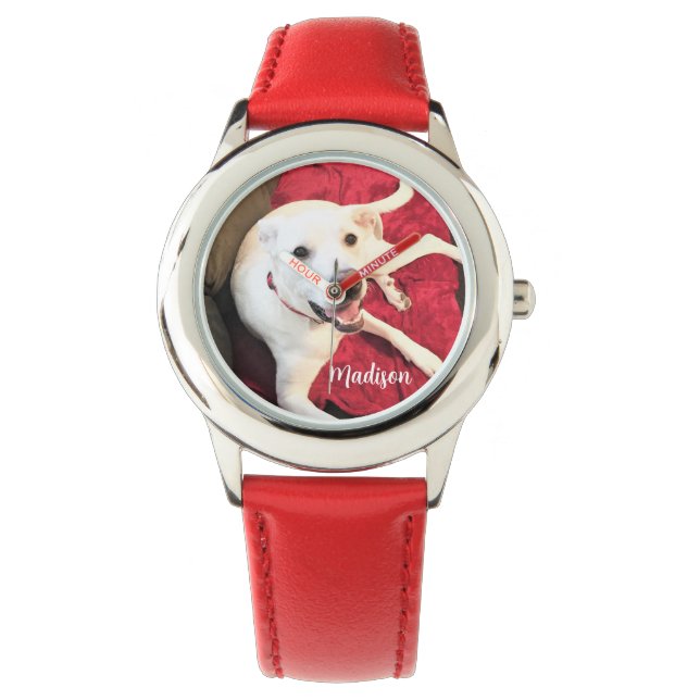 Cute Puppy Dog Smiling Photo Red Name Watch (Front)