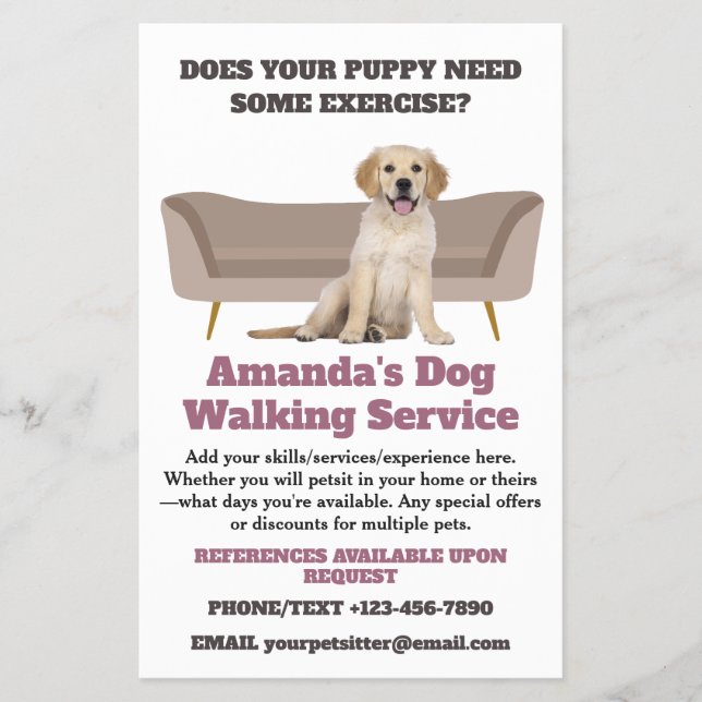 CUTE Puppy Dog Walking Pet Sitting Small Business Flyer (Front)