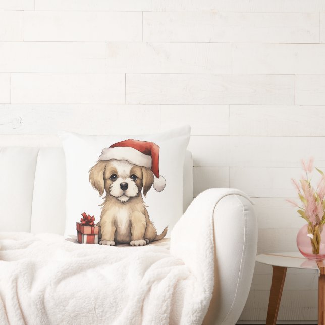 Cute Puppy Dog Wearing a Santa Hat Christmas Cushion (Couch)