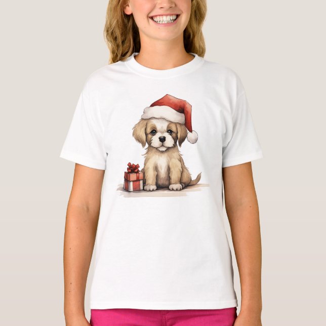 Cute Puppy Dog Wearing a Santa Hat Christmas T-Shirt (Front)