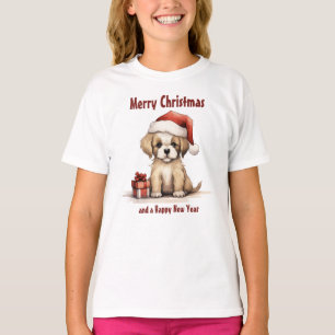 Cute Puppy Dog Wearing a Santa Hat Merry Christmas T-Shirt