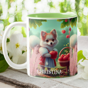 Cute Puppy Dog with Apples Personalised Name Two-Tone Coffee Mug