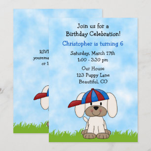 Cute Puppy Dog with Baseball Hat Birthday Invitation