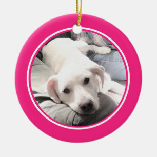 Cute Puppy Dog with Dad Round Hot Pink Ceramic Tree Decoration