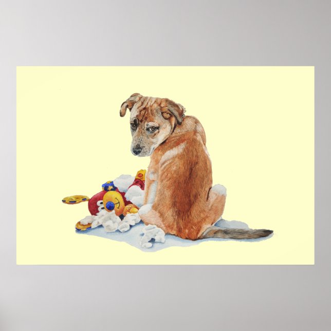 Cute puppy dog with torn teddy realist art poster (Front)