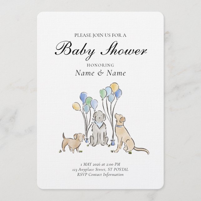 Cute Puppy Dogs and Balloons Boy Baby Shower Invitation (Front)