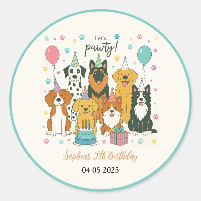 Cute Puppy Dogs Boy 5th Birthday Party Classic Round Sticker (Front)