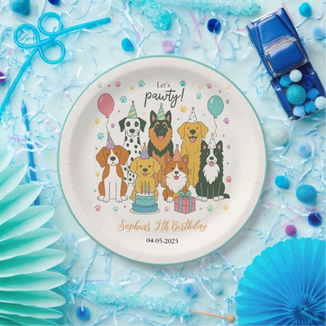 Cute Puppy Dogs Boy 5th Birthday Party Paper Plate (Party)