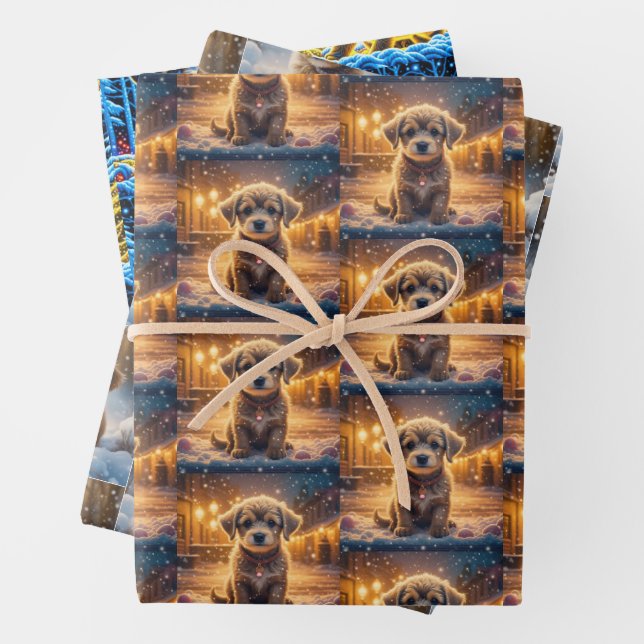 Cute Puppy Dogs in the Snow Christmas Wrapping Paper Sheet (In situ)