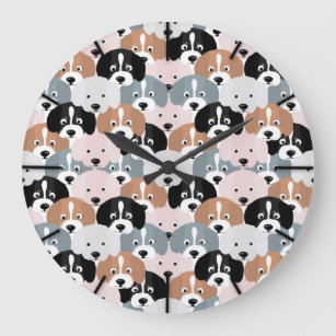 Cute Puppy Dogs Pink Black Illustration Large Clock