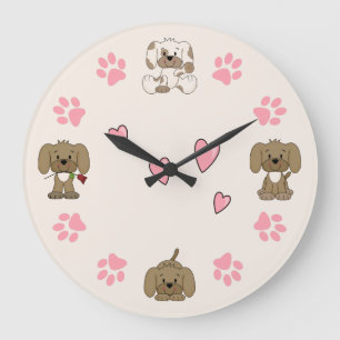 Cute Puppy Dogs, Pink Paw Prints and Pink Hearts Large Clock
