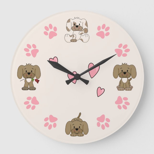 Cute Puppy Dogs, Pink Paw Prints and Pink Hearts Large Clock (Front)