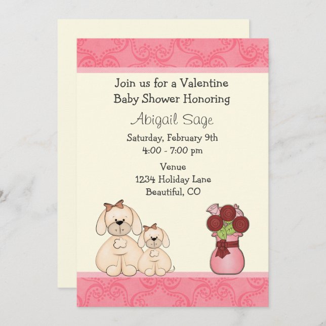 Cute Puppy Dogs Valentine Baby Shower Invite Girls (Front/Back)