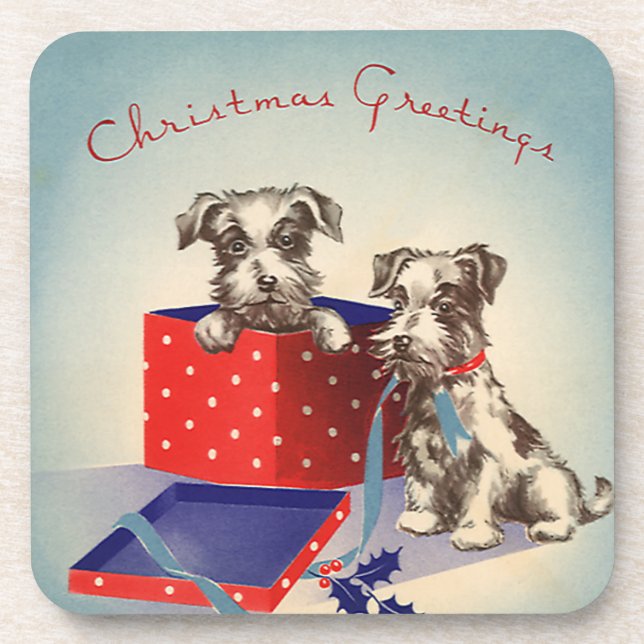 Cute Puppy Dogs, Vintage Christmas Greetings Coaster (Front)