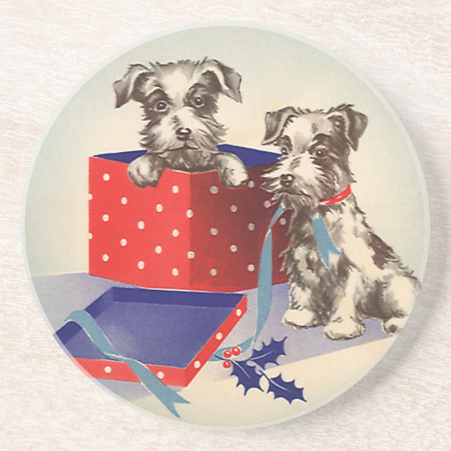 Cute Puppy Dogs, Vintage Christmas Greetings Coaster (Front)