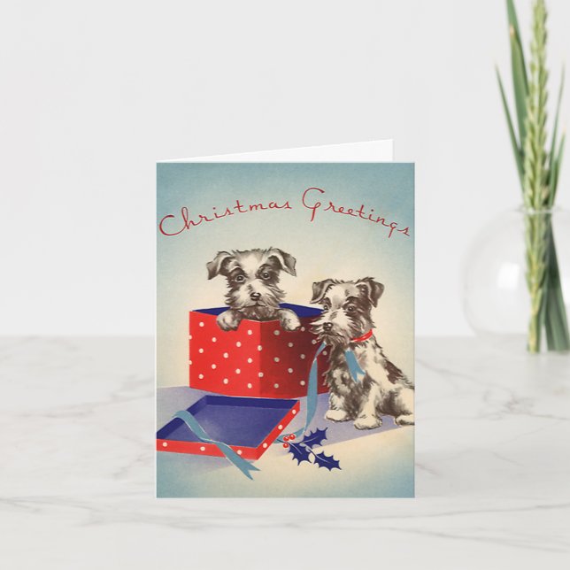 Cute Puppy Dogs, Vintage Christmas Greetings Holiday Card (Front)