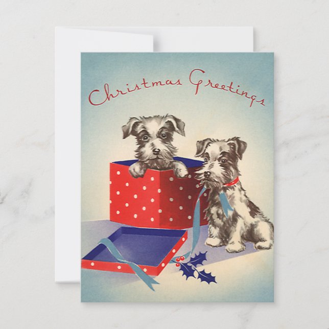 Cute Puppy Dogs, Vintage Christmas Greetings Holiday Card (Front)